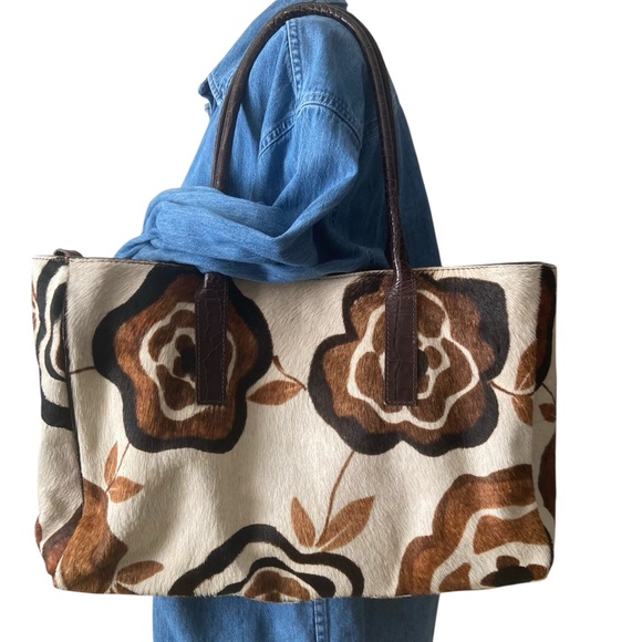 Maurizio Taiuti Leather And Calf Hair Floral Print Tote - Picture 1 of 15